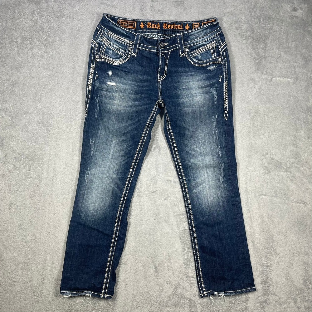 Rock Revival Becky Easy Capri Womens 29(30x27) Blue Distressed Sequin Jeans